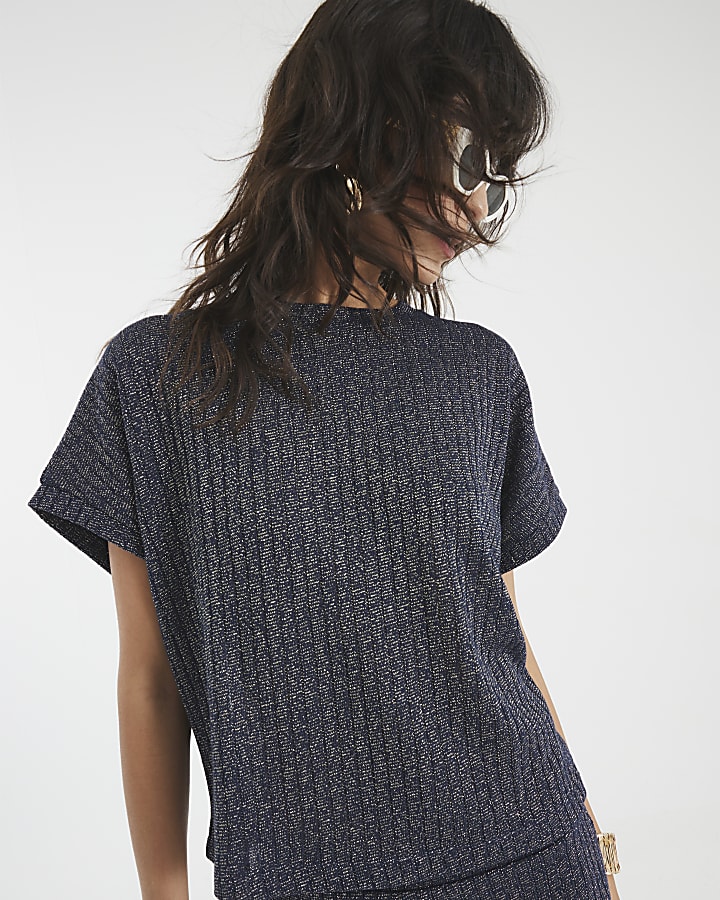 Navy Lurex Ribbed T-Shirt