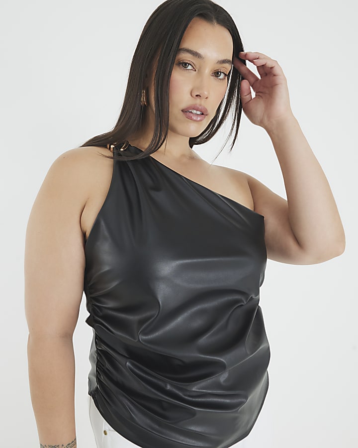 Black Faux Leather Asymmetric Metal Trim Top