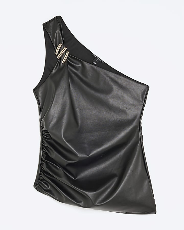Black Asymmetrical Gold Metal Trim Top