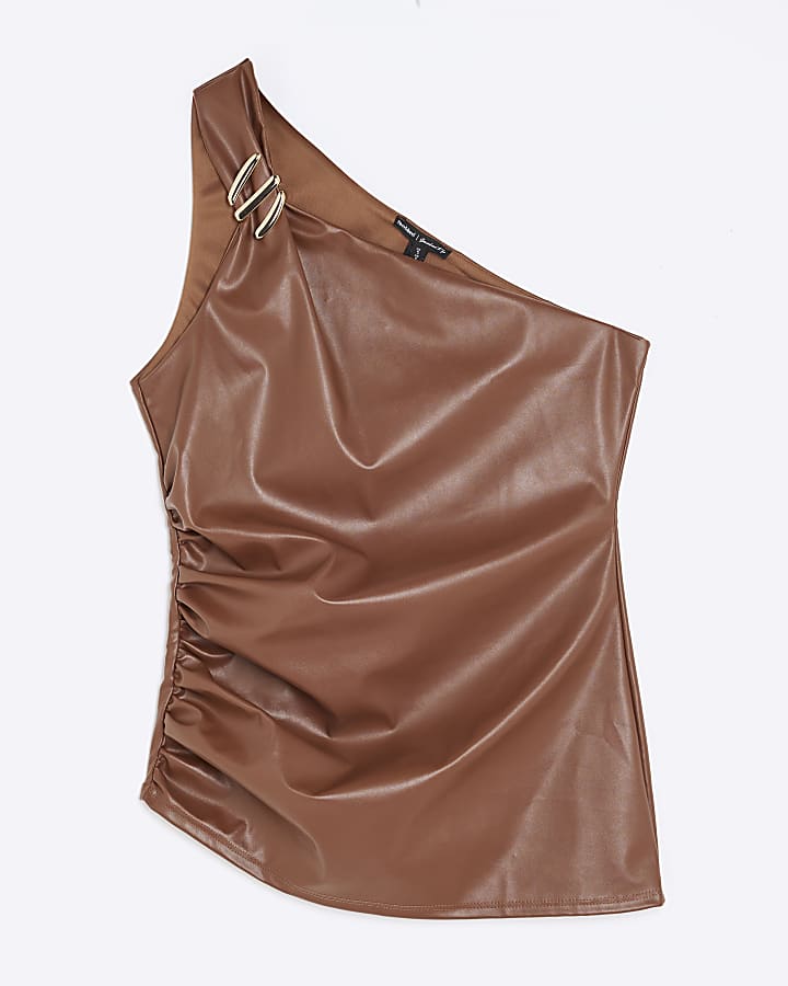 Brown Asymmetrical Gold Metal Trim Top