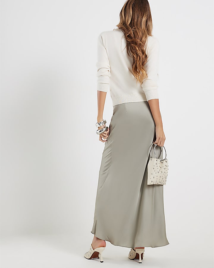 Khaki Satin Maxi Skirt
