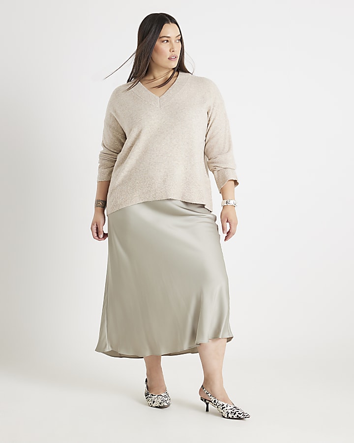 Khaki Satin Maxi Skirt