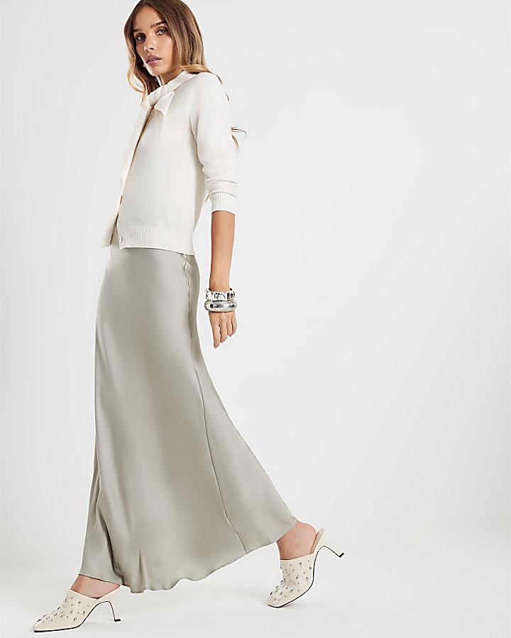 Khaki Satin Maxi Skirt