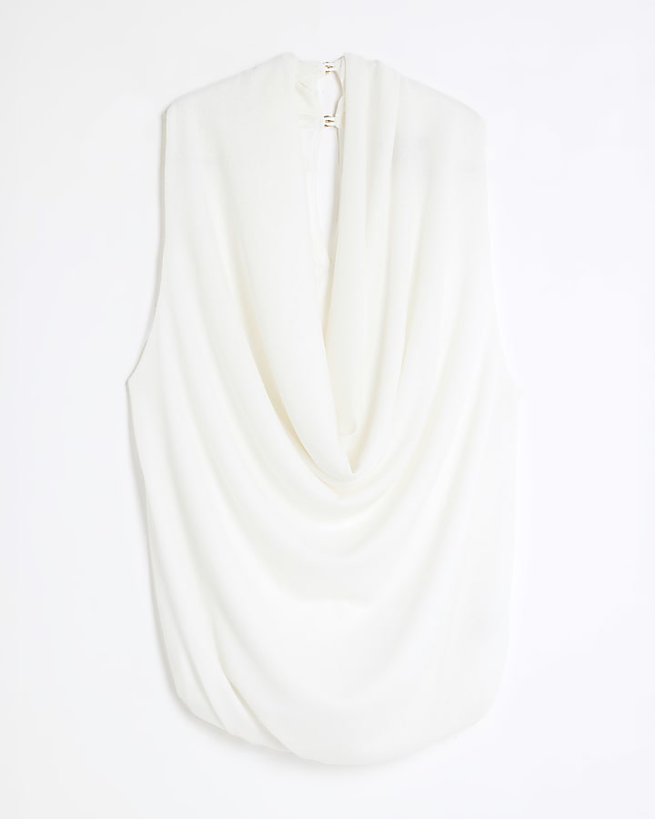 White Sleeveless Drape Cowl Neck Top