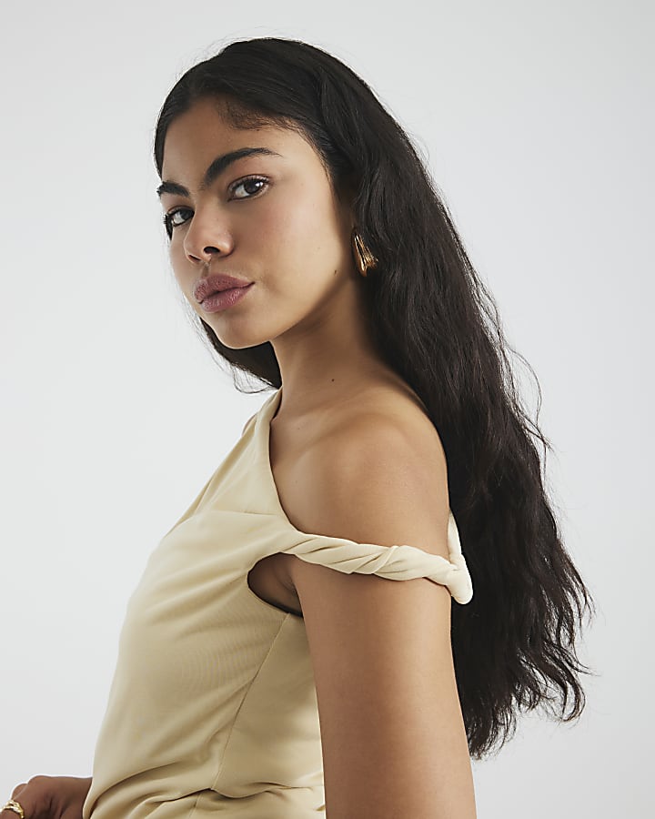 Beige Sleeveless Drape Twist Top