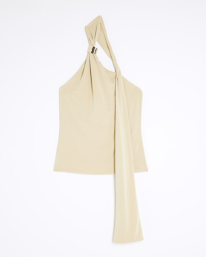 Cream Sleeveless Scarf Neck Top