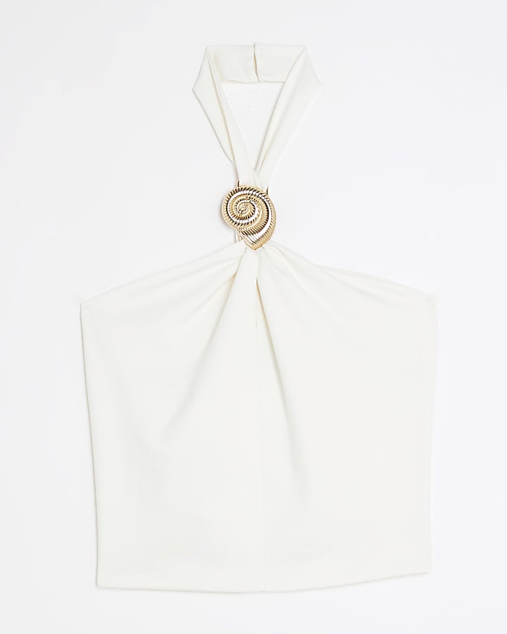 White Sleeveless Shell Detail Halter Neck Top