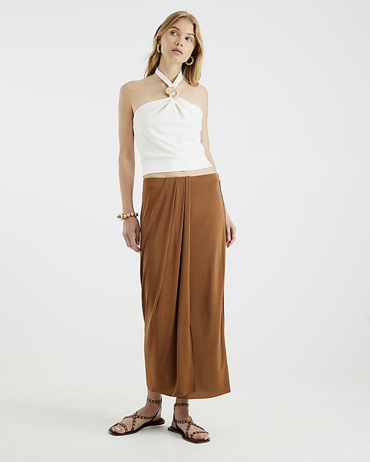 White Sleeveless Shell Detail Halter Neck Top