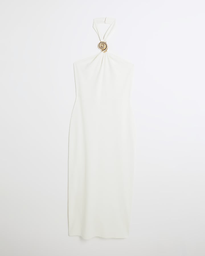 White Shell Detail Halter Neck Midi Dress