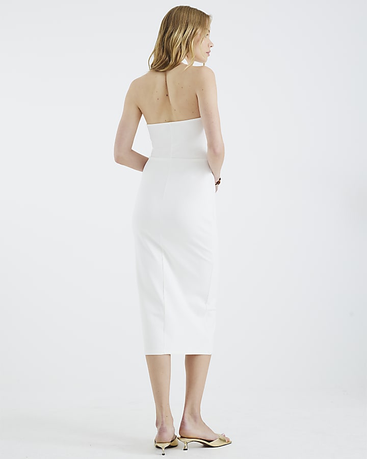 White Shell Detail Halter Neck Midi Dress