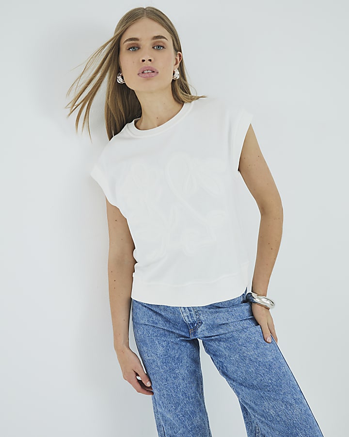 White Sleeveless Embossed Sweat Top