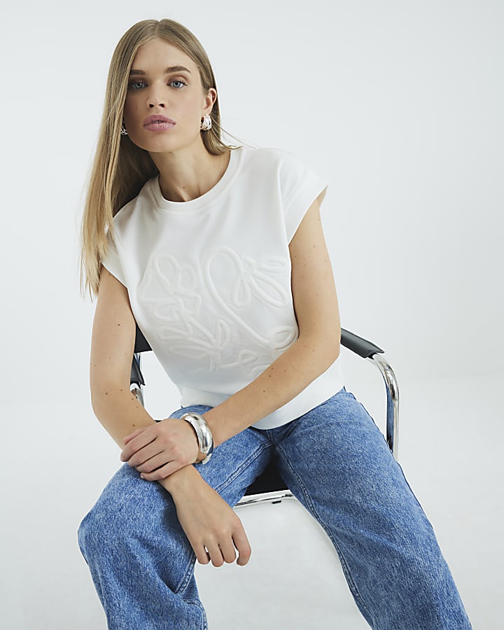 White Sleeveless Embossed Sweat Top