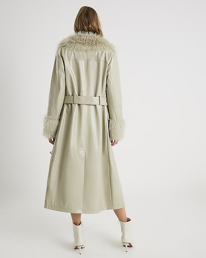 Green Faux Leather Fur Trim Trench Coat
