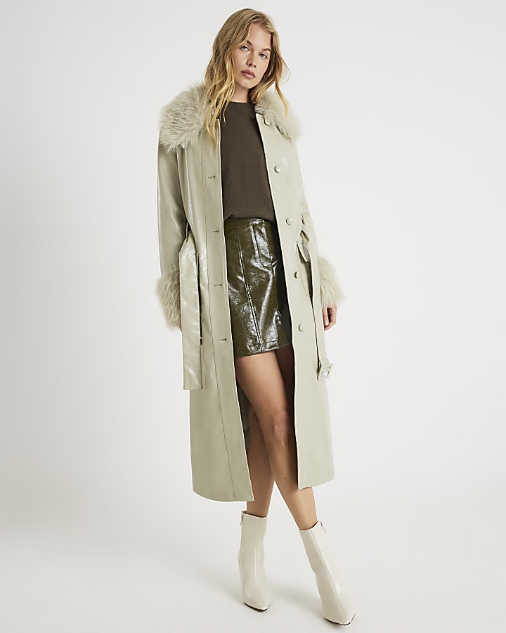Green Faux Leather Fur Trim Trench Coat