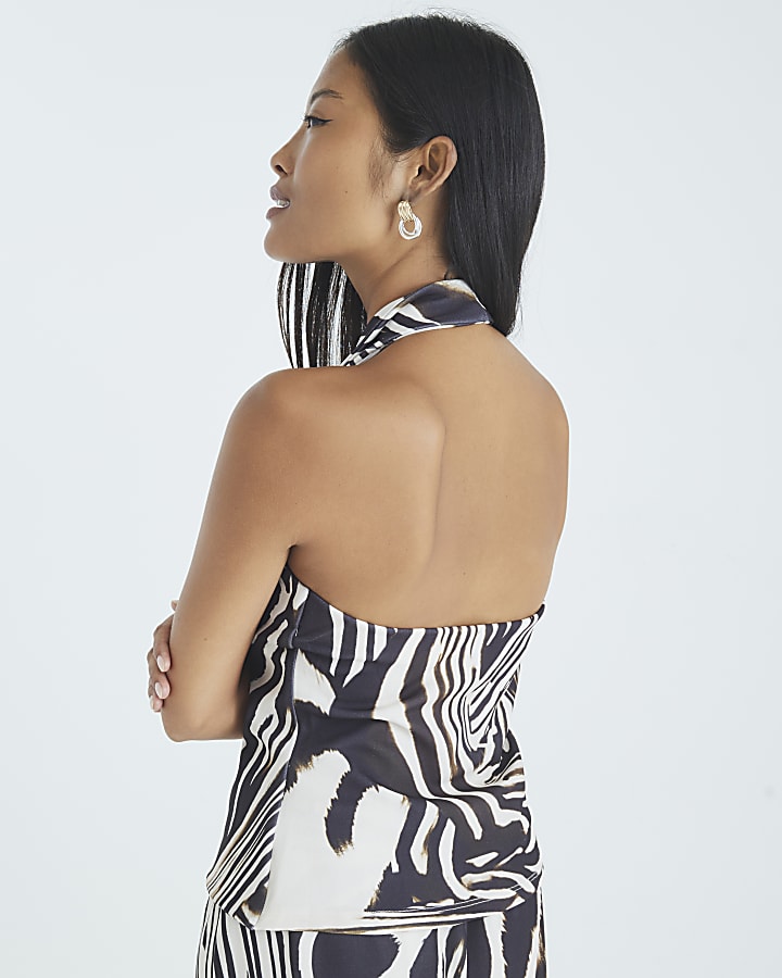Petite Brown Zebra Print Halterneck Waistcoat