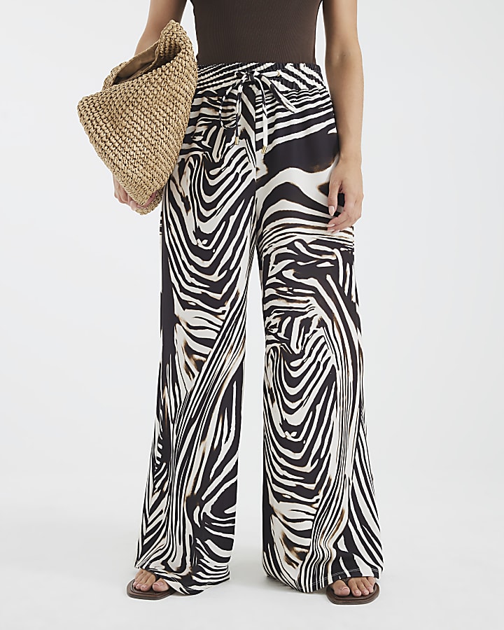 Petite Brown Zebra Print Wide Leg Trousers
