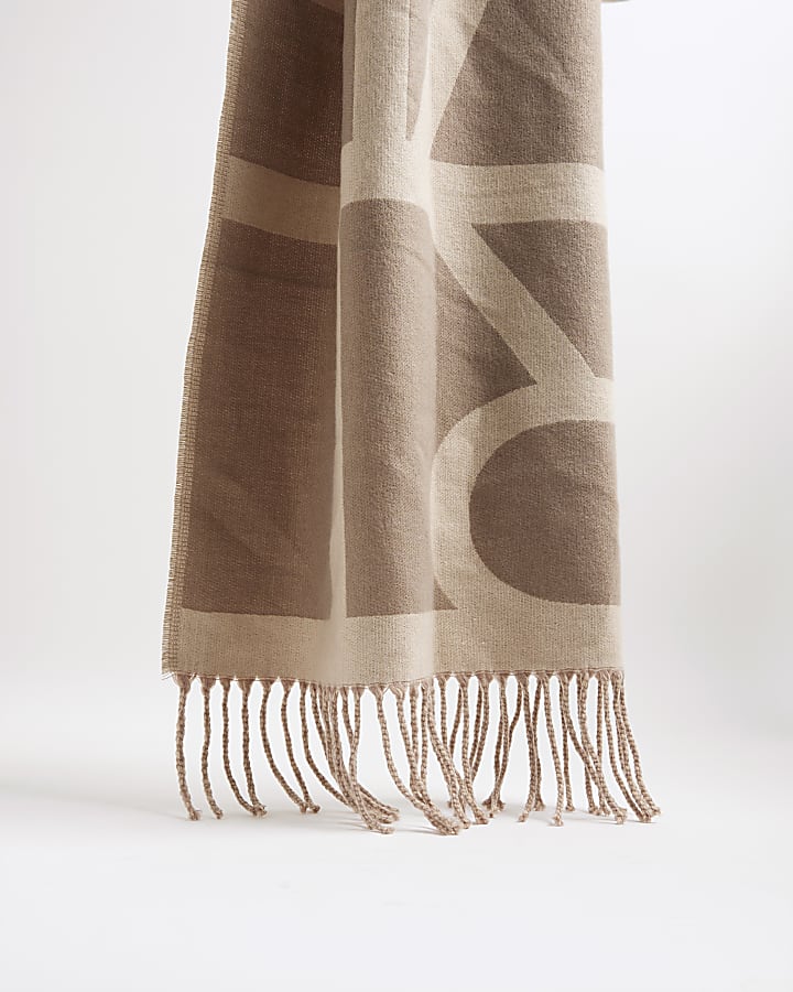 Cream Bold Monogram Print Fringed Scarf
