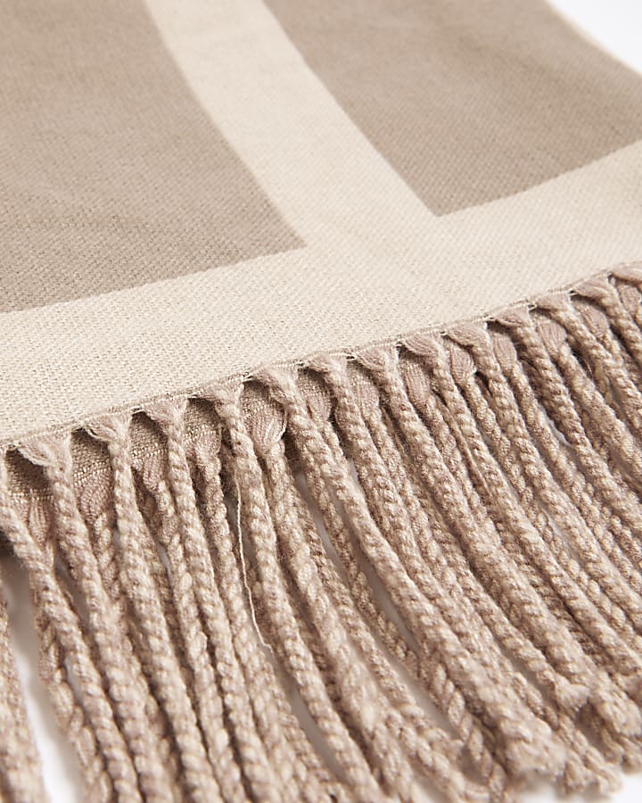 Cream Bold Monogram Print Fringed Scarf
