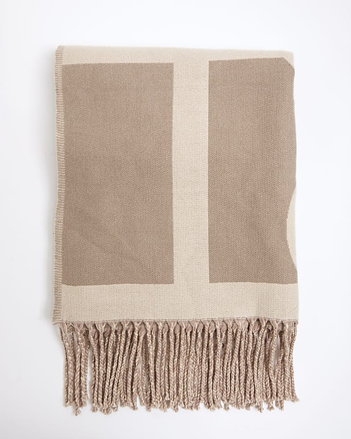 Cream Bold Monogram Print Fringed Scarf