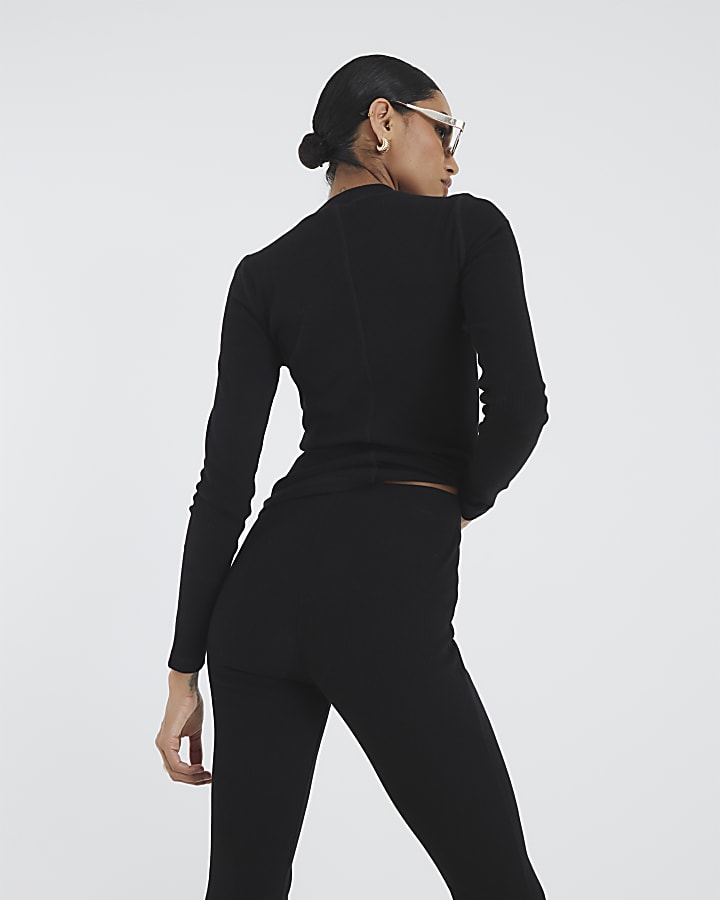 Black High Waisted Ribbed Flare Leggings