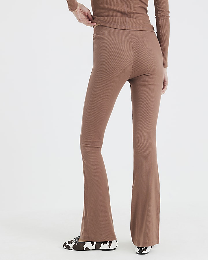 Beige High Waisted Ribbed Flare Leggings
