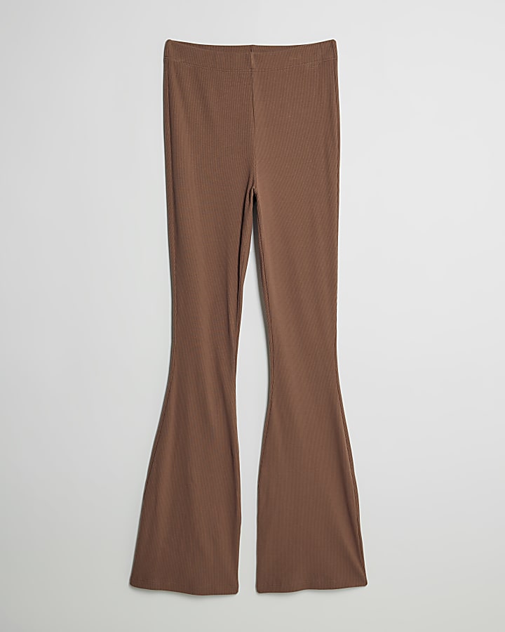 Beige High Waisted Ribbed Flare Leggings