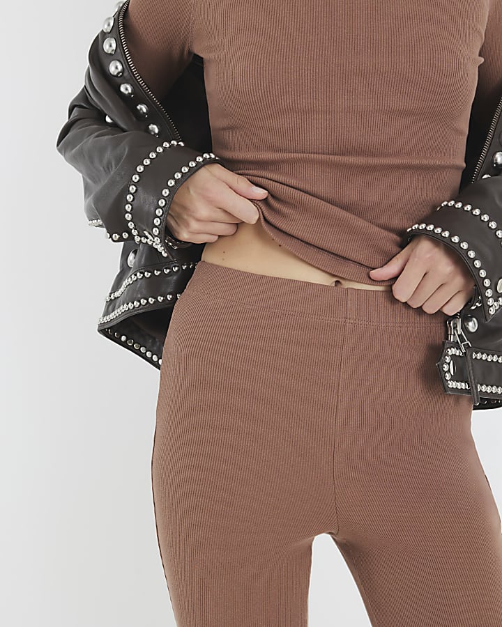 Beige High Waisted Ribbed Flare Leggings