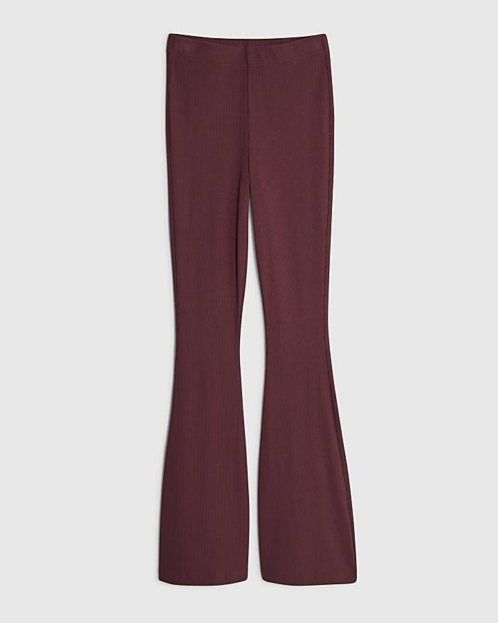 Red High Waisted Ribbed Flared Leggings