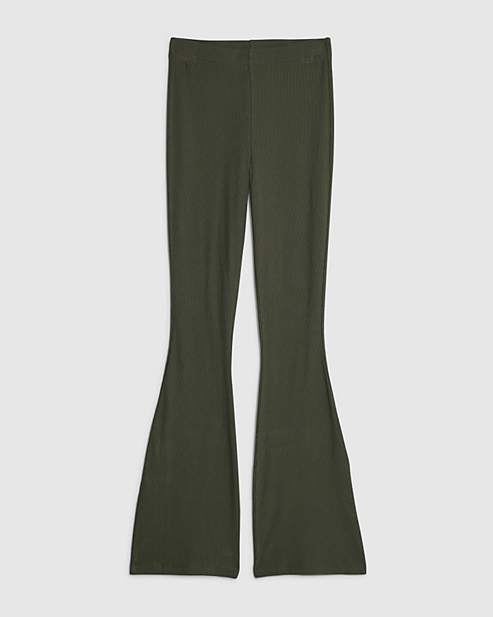 Green High Waisted Ribbed Flare Leggings