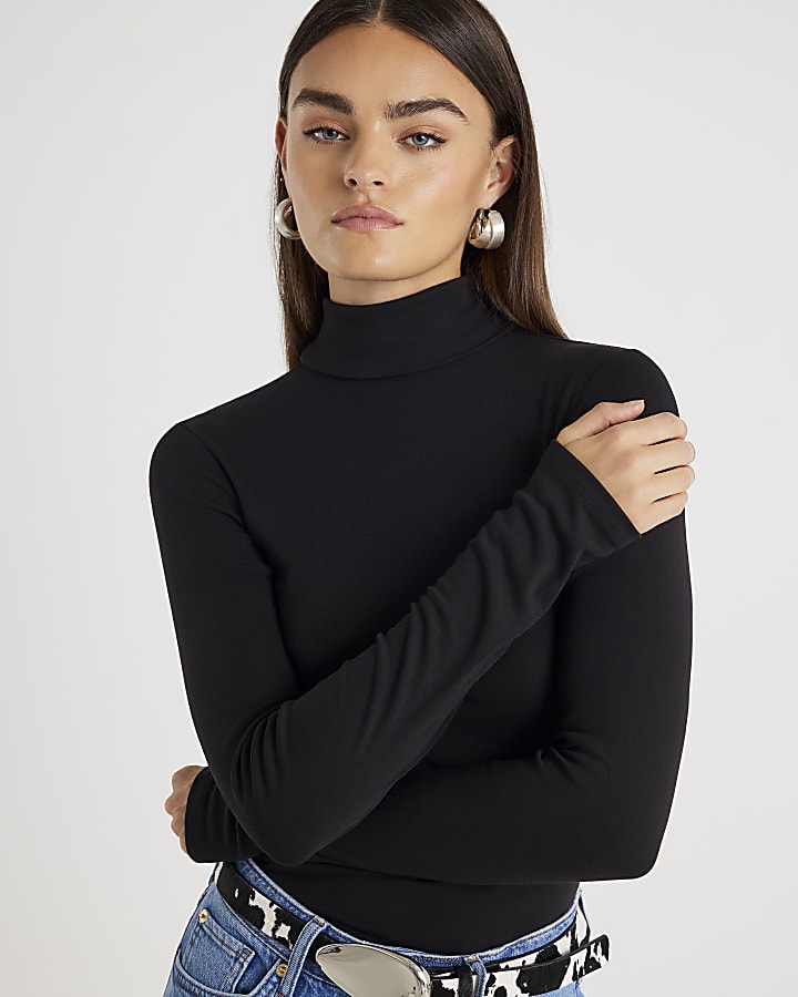 Black Long Sleeve Roll Neck Top