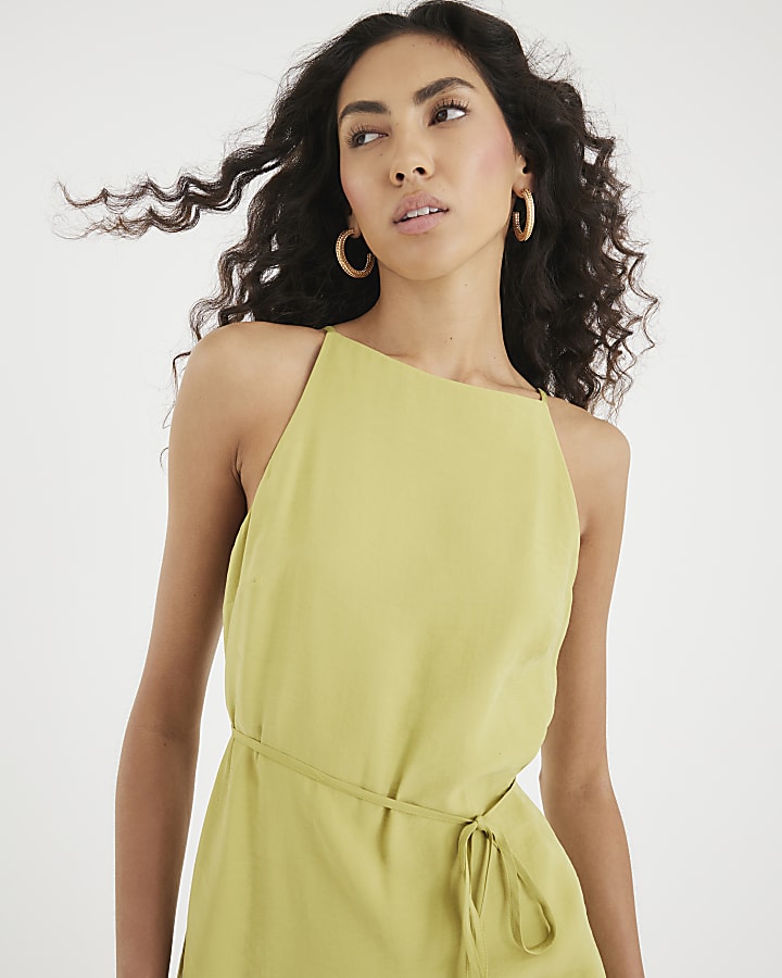 Green Tie Front Midi Slip Dress