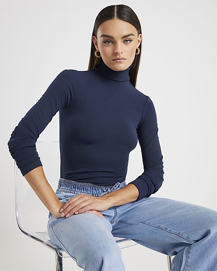 Navy Long Sleeve Roll Neck Top