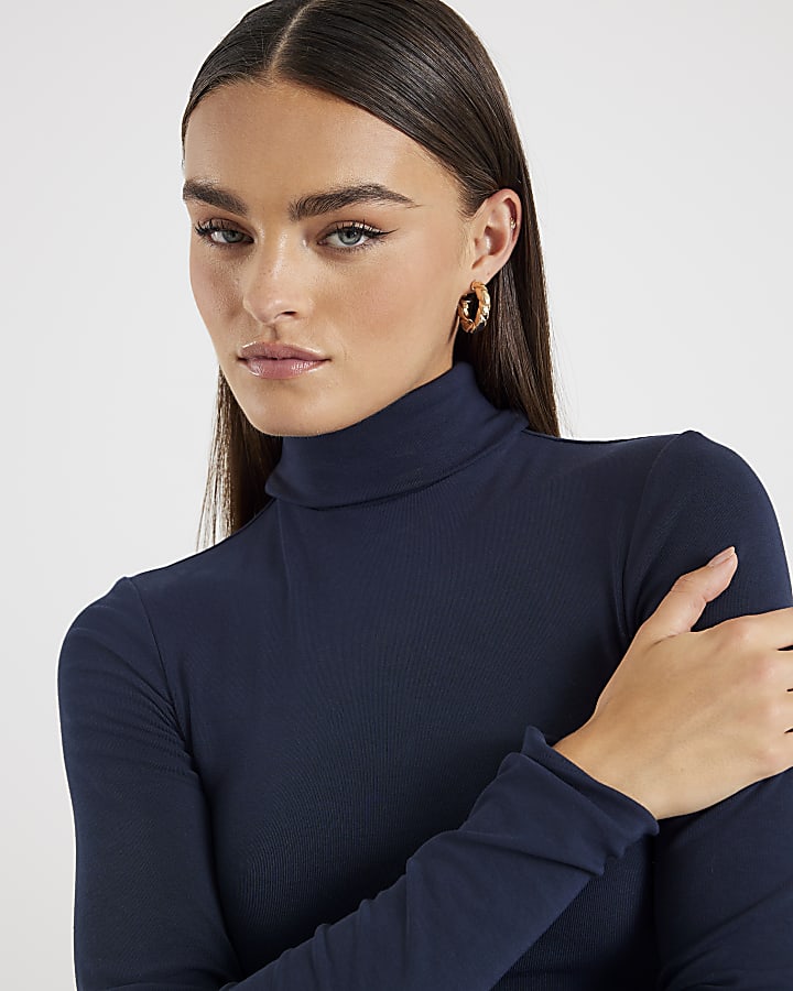 Navy Long Sleeve Roll Neck Top