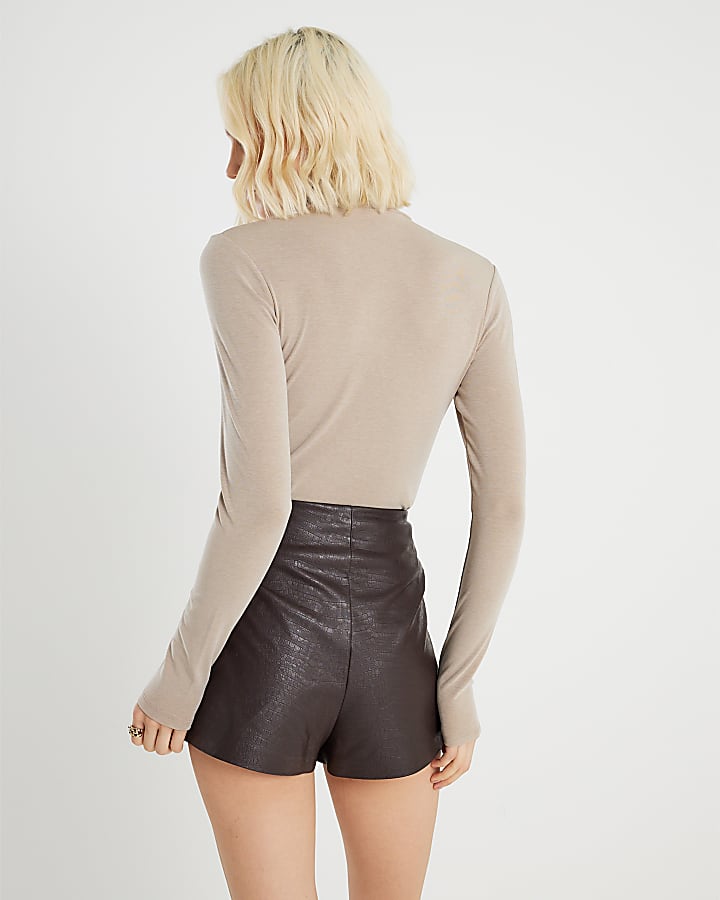 Beige Long Sleeve Roll Neck Top