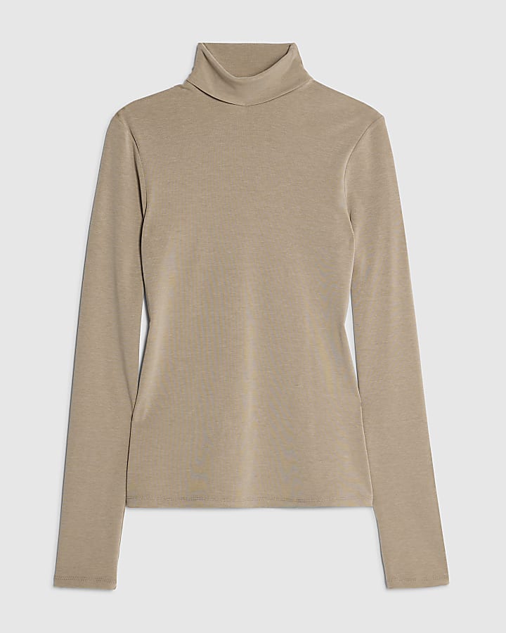 Beige Long Sleeve Roll Neck Top