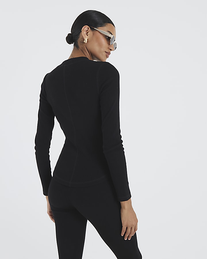 Black Long Sleeve Ribbed High Neck Top