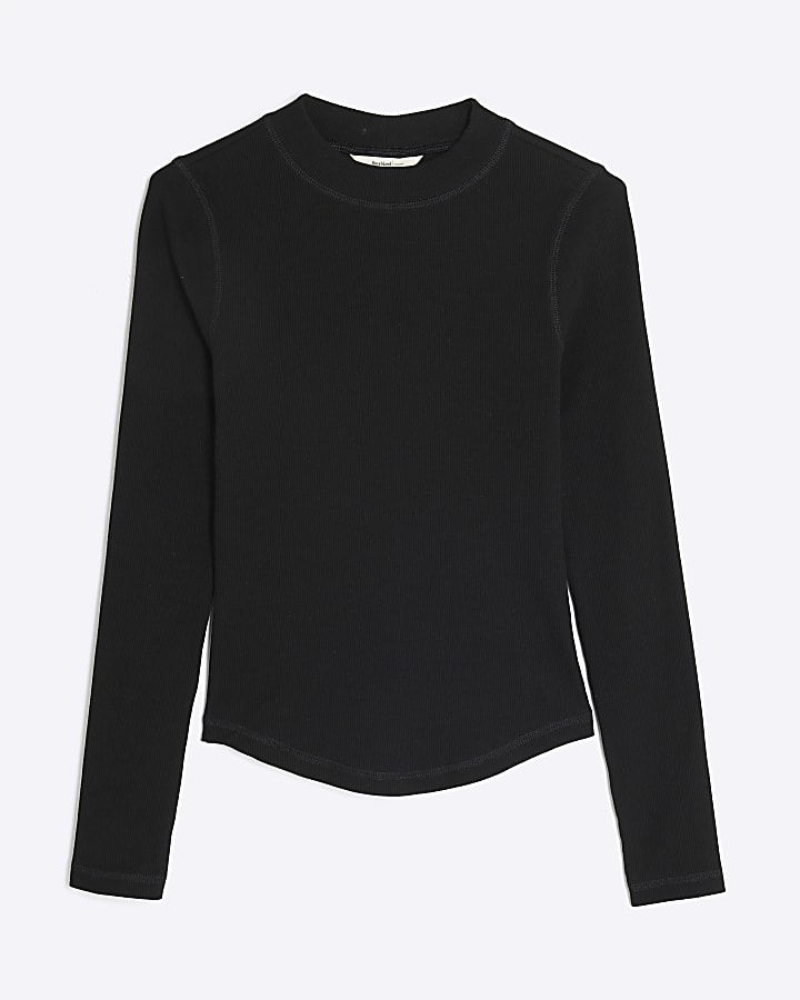 Black Long Sleeve Ribbed High Neck Top