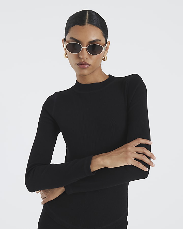Black Long Sleeve Ribbed High Neck Top