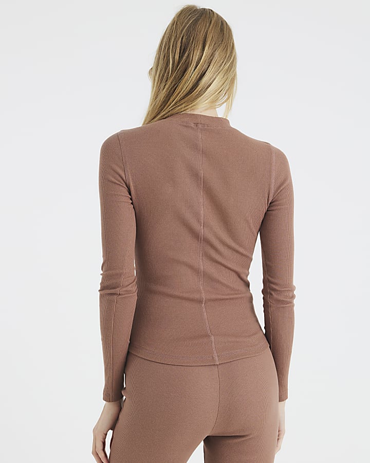 Beige Long Sleeve Crew Neck Ribbed Top