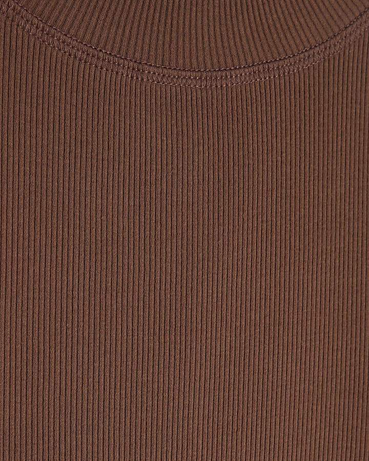 Beige Long Sleeve Crew Neck Ribbed Top