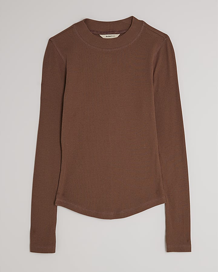 Beige Long Sleeve Crew Neck Ribbed Top