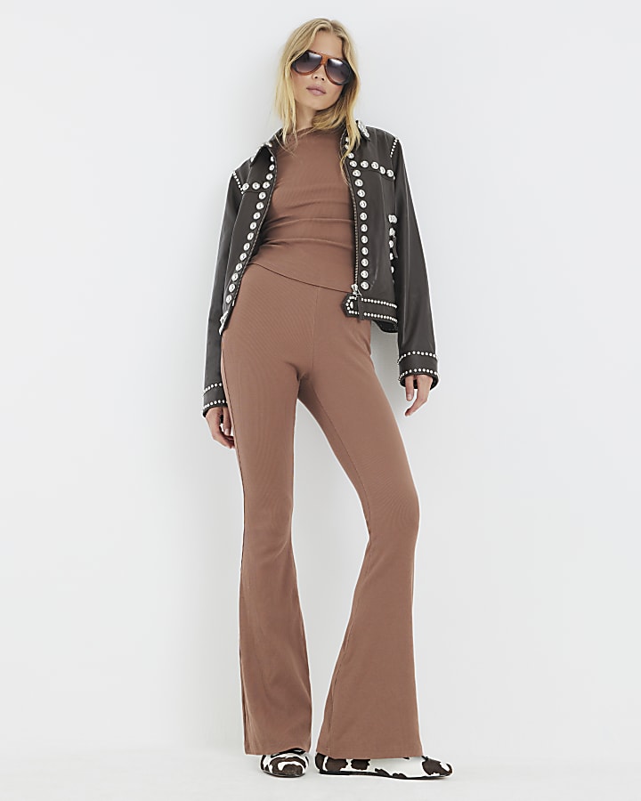 Beige Long Sleeve Crew Neck Ribbed Top