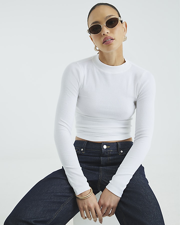 White Long Sleeve Ribbed Crew Neck Top