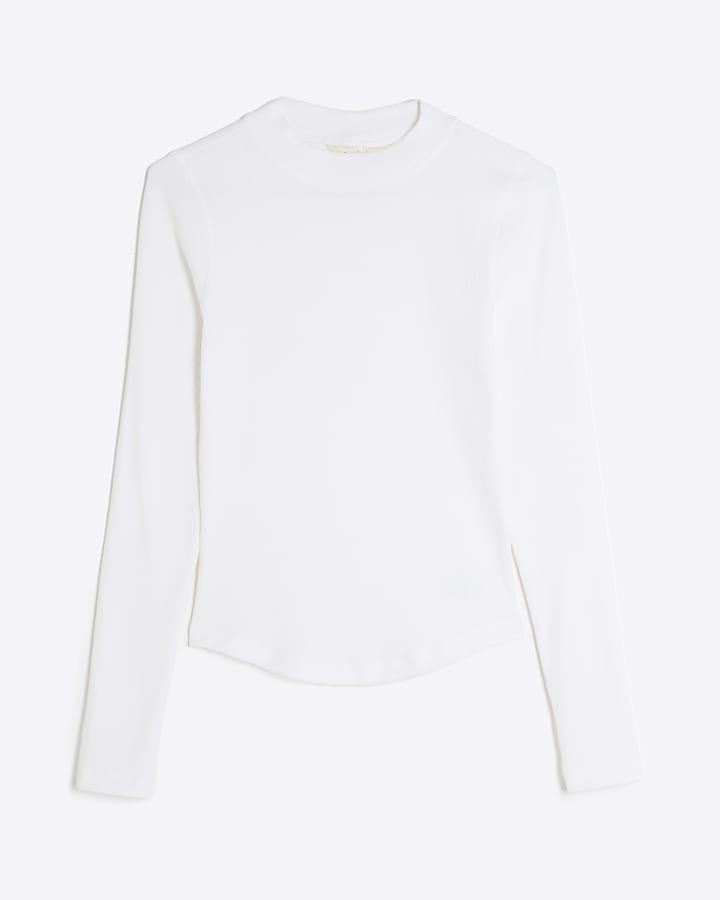 White Long Sleeve Ribbed Crew Neck Top
