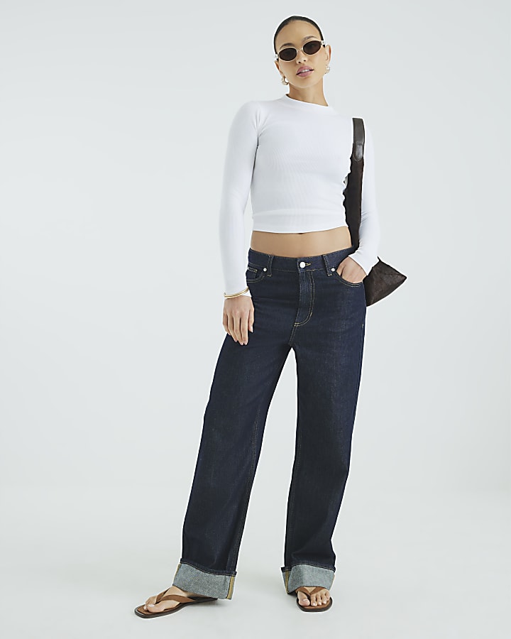 White Long Sleeve Ribbed Crew Neck Top