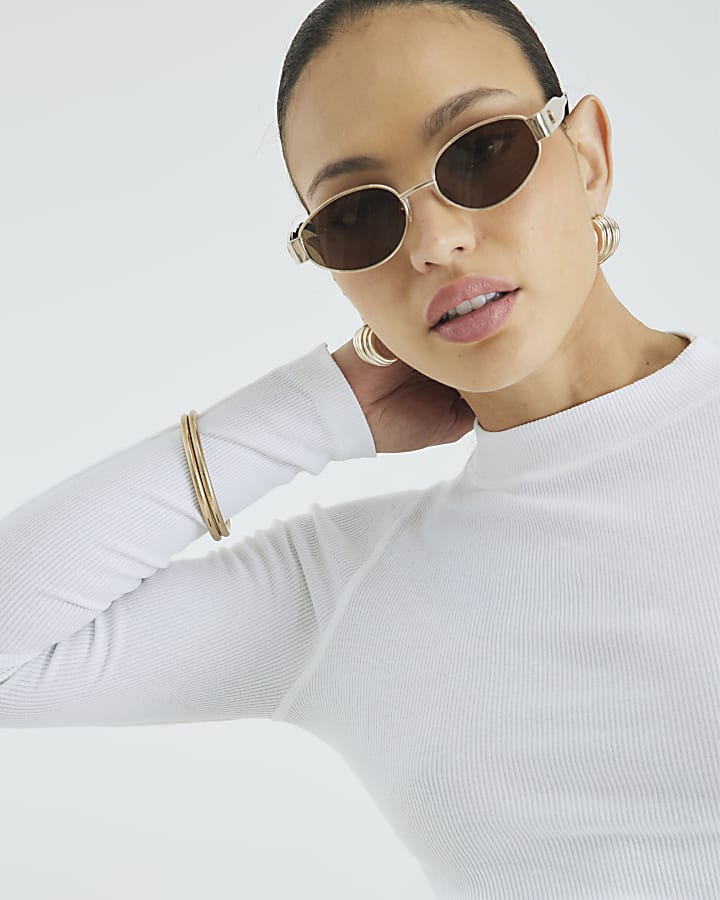 White Long Sleeve Ribbed Crew Neck Top