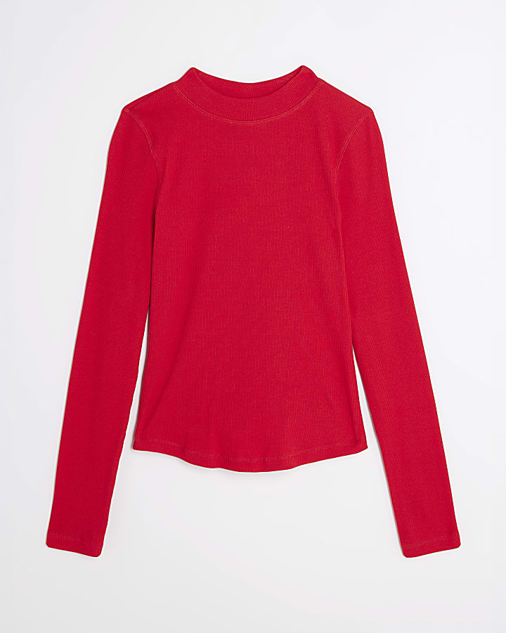 Red Long Sleeve Ribbed Crew Neck Top