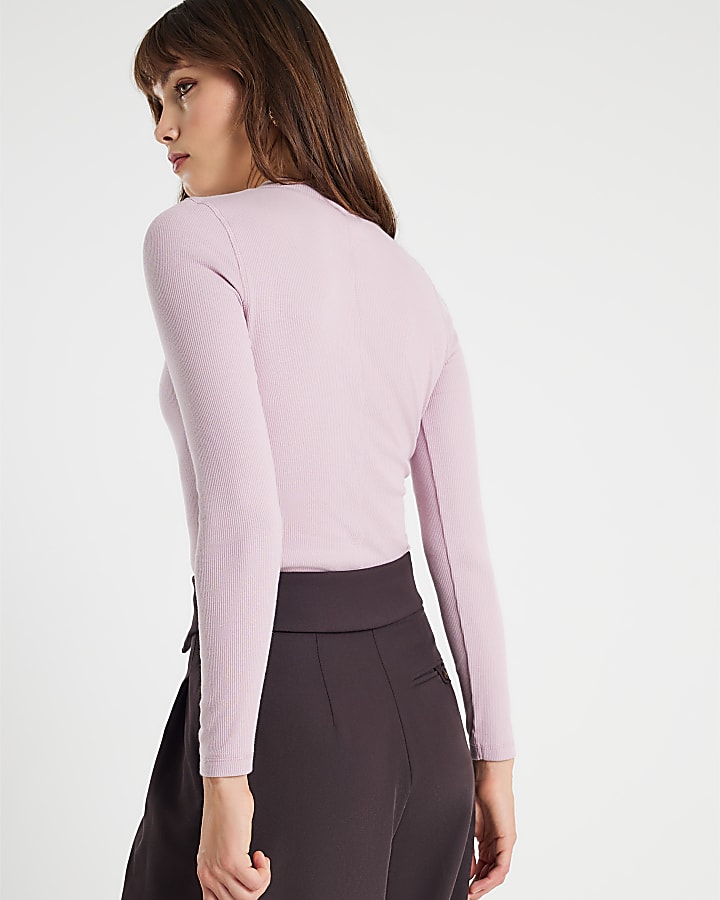 Pink Long Sleeve Ribbed Crew Neck Top