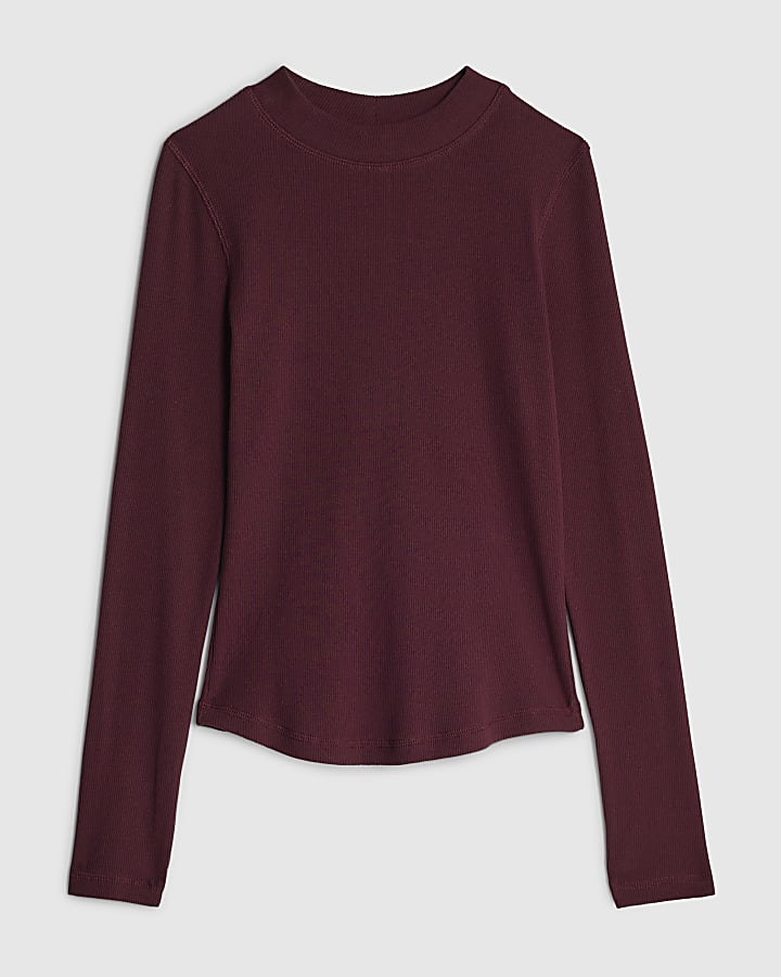 Red Long Sleeve Crew Neck Ribbed Top