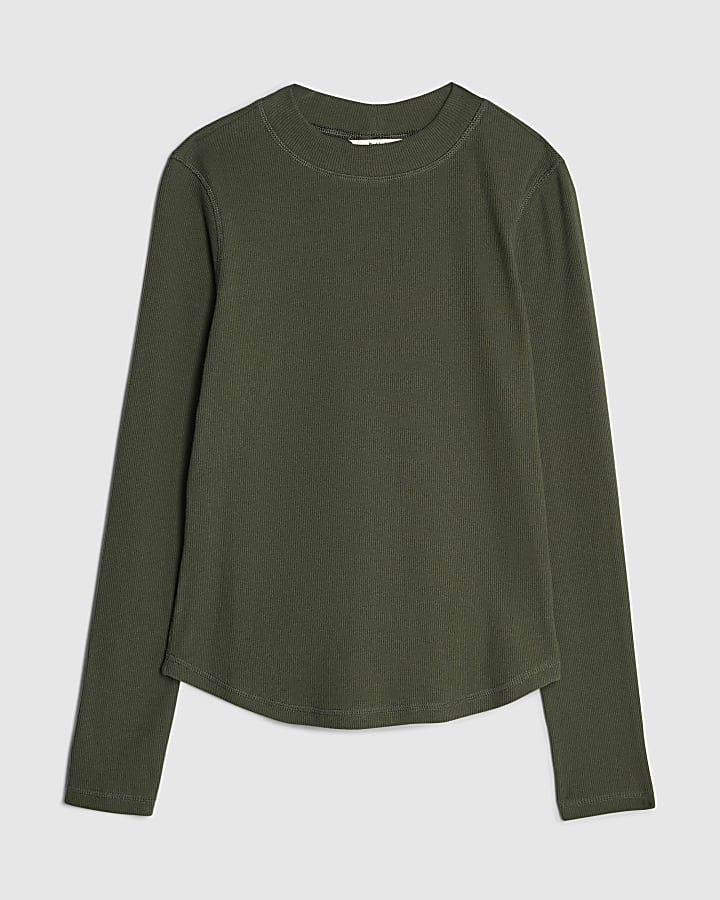 Green Long Sleeve Crew Neck Ribbed Top